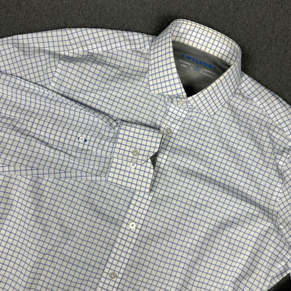 Twillory Performance Fabric Mens 15 32-33 Trim Fit Blue White Check Dress Shirt